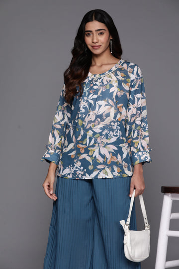 Varanga Women Blue Floral Printed Embroidered Co Ord Sets Vcod7244